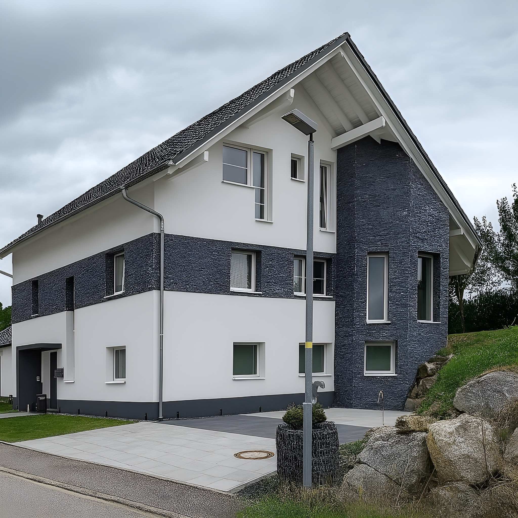 Einfamilienhaus mit dunkler Schiefer-Riemchenfassade und gepflasterter Einfahrt