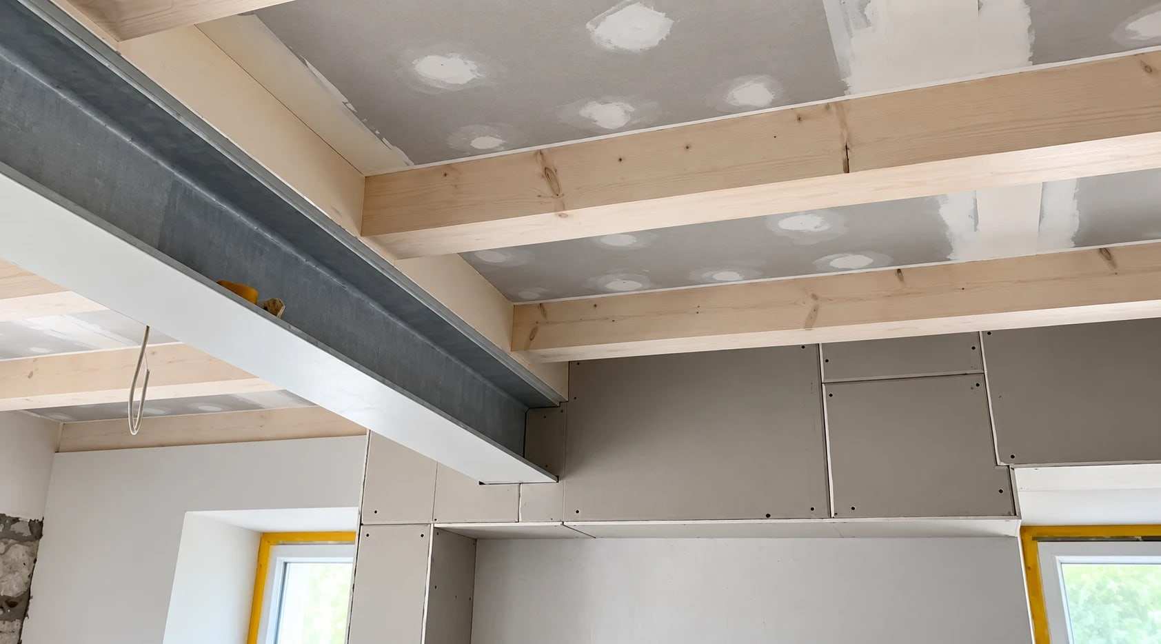 Trockenbau: Stahlträger und Wände mit Gipskartonplatten verkleidet, Schraubstellen gespachtelt, Holzbalken an der Decke